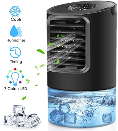 AMEIKO Portable Air Conditioner Fan, Mini Evaporative Cooler Personal Air Cooler with 7 Colors Light Changing, 3 Fan Speed, Super Quiet Humidifier Misting Fan for Home Office Bedroom