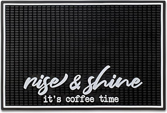 New Mungo Coffee Bar Mat - Coffee Bar Accessories for Coffee Station, Coffee Accessories, Coffee Bar Decor, Coffee Decor - Rise & Shine It's Coffee Time Coffee Mat - Rubber Bar Mats - 18”x12”