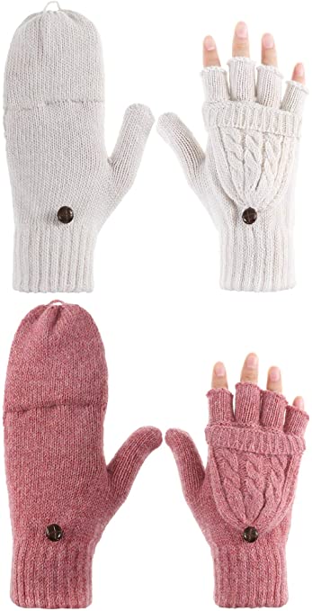 Tatuo 2 Pairs Women Fingerless Mittens Winter Convertible Gloves Knitted Half Finger Gloves with Cover