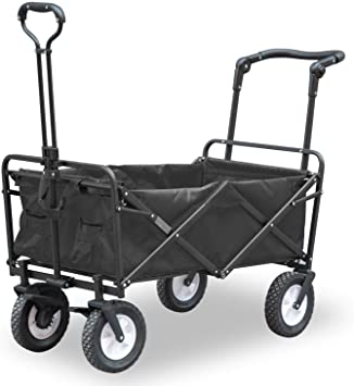 EzyFast Folding Beach Wagon, Collapsible Outdoor Utility Garden Shopping Cart with Rubber Wheels with Brakes(Black)