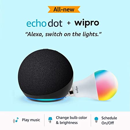 All-New Echo Dot (5th Gen, Black) Combo with Wipro 9W LED Smart Color Bulb