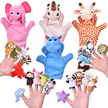 24 PCs Finger Puppets Set with 4 Animal Hand Puppets and 20 Animal Finger Puppets, Animal Plush Toys Party Favors for Kids, Goodie Bag Fillers