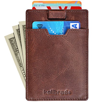 Slim Mens Sleeve Front Pocket Wallet Made from Genuine Leather including RFID Blocking Security with Thin Minimalist Style - Ultra Skinny Credit Card Holder Design by Kalibrado