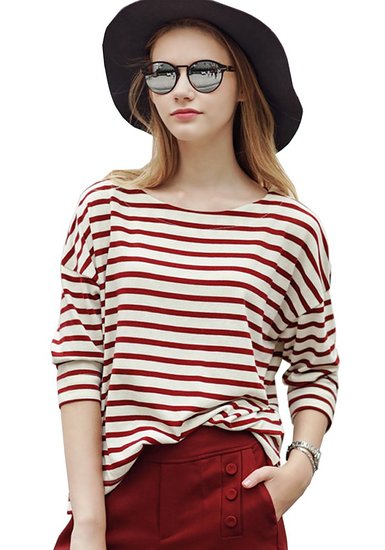 Women's Red and White Striped Loose T-shirt