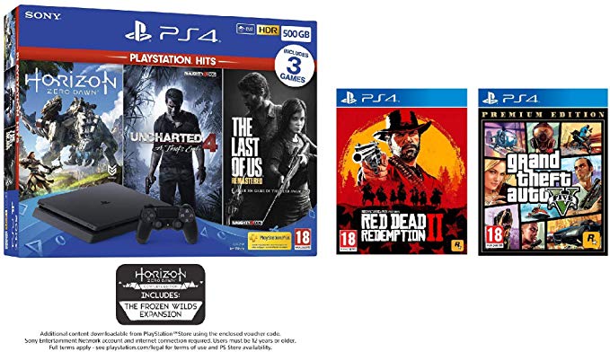PS4 500GB with 3 PS Hits Game Bundle (PS4) (Exclusive to Amazon.co.uk)   Red Dead Redemption 2   GTA V: Premium Edition