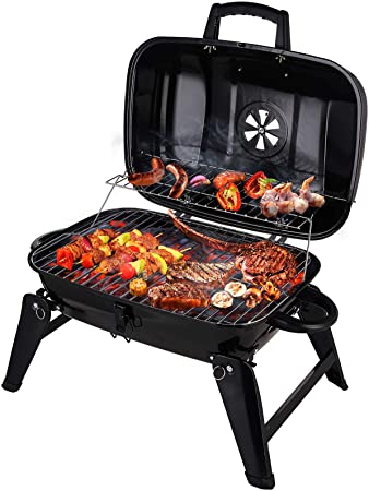 CUSIMAX Charcoal Grill, Portable Grill BBQ and Smoker with Lid Folding Tabletop Grill, for Camping, Patio, Backyard and Anywhere Outdoor Cooking, 18-inch Black