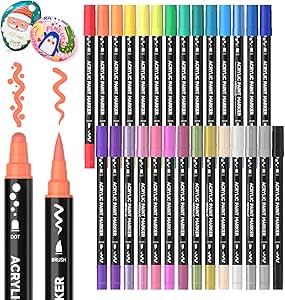 Shuttle Art 28 Colors Dual Tip Acrylic Paint Markers, Brush Tip and Dot Tip Acrylic Paint Pens for Rock Painting, Ceramic, Wood, Canvas, Plastic, Glass, Stone, Calligraphy, Card Making, DIY Crafts