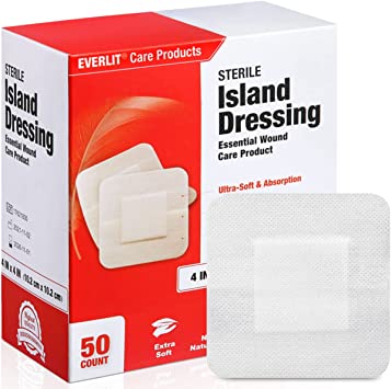 EVERLIT Island Dressing Bordered Gauze | Large Wound Care Bandage with Adhesive Border| Sterile, Soft & Highly Absorbent Medical Grade Dressing Pad (4x4 Inch (Pack of 50))