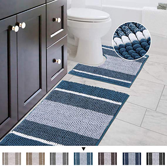 Original Striped Luxury Chenille Bathroom Rug Mat (32" x 20"/20" x 20"), Extra Soft & Absorbent Shaggy Rugs, Machine Wash/Dry, Perfect Plush Carpet Mats for Tub (Curved Set, Moroccan Blue)