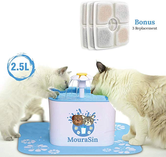 MouraSin Pet Automatic Cat Water Fountain, 84oz/ 2.5L for Cat/Dogs Water Drink Dispenser with 3 Replacement Filters Water Dispenser Cats Supplies Operated Cat Isyoung Logrotate Easy Clean