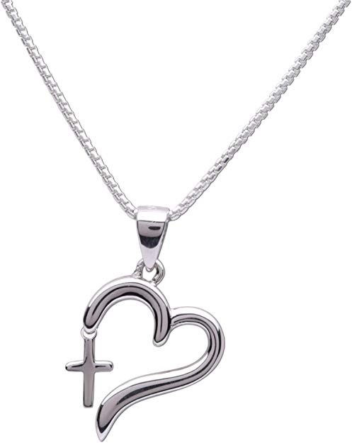 Girl's Sterling Silver First Communion or Confirmation"Dangling Cross" Heart Necklace