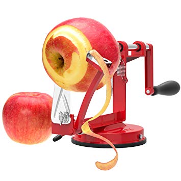 Vremi Apple Peeler Corer Slicer Machine with Vacuum Suction Base - Cast Iron Rotating Spiralizer Apple Peeler for Countertop with Stainless Steel Blades for Apples Fruit Vegetable or Potato - Red (Renewed)