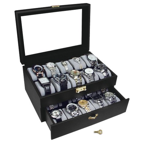 Ikee Design Deluxe Black Watch Display Case With Key Lock, Clear Glass Top, 20 Watch Holders.