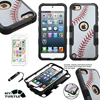 MyTurtle Shockproof Hybrid 3-Layer Hard Silicone Shell Cover with Stylus Pen and Screen Protector for iPod Touch 5th 6th Generation, Baseball Tuff