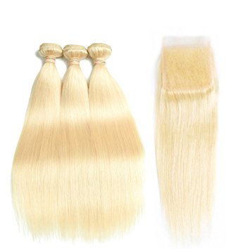 Allrun Hair 613 Blonde Virgin Hair Bundles 3 Bundles with 4x4 Lace Closure Free Part 7A Honey Blonde Brazilian Hair Straight 100% 613 Human Remy Hair Extensions (12 14 16 and 12)