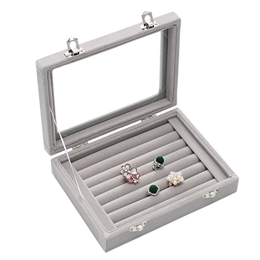 Meshela Velvet Glass Ring Jewellery Display Storage Box Tray Case Holder Earring Organizer Stand