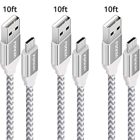 Micro USB Cable 10ft, Fonken Extra Long Fast Charging Cord [3-Pack] Nylon braided USB 2.0 Cable Quick Charging and Data Sync Cord Android Charger Cable for Samsung, Nexus, LG, Motorola, Sony (White)