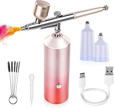 Cordless Airbrush Kit, TopDirect Portable Mini Air Brush Spray Gun Set Handheld Rechargeable Painting Kit with 2 Cups with Compressor for Makeup, Cake Decoration, Model Coloring, Manicure, Tattoo, Art