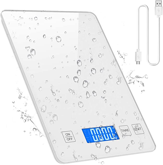 ORIA Kitchen Scale, Digital Food Scale, USB Rechargeable and with Waterproof Glass Body, Kitchen Weighing Scale, High Accuracy Multifunctional Food Scale Target in Grams, Ounces, and Liquid, White