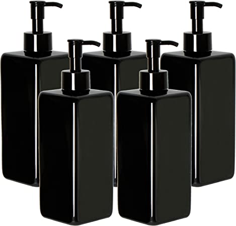 Youngever 5 Pack 16 Ounce Plastic Pump Bottles, Refillable Square Plastic Pump Bottles for Dispensing Lotions, Shampoos and More (Black)