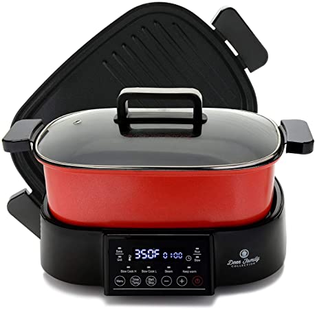 Deen Family 2-in-1 6QT (1250 Watt) Multi Cooker and Grill with Glass Lid, 8 Cooking Functions to Bake, Grill, Slow Cook High, Slow Cook Low, Steam, Keep Warm, Stew and Rice, Removable Pot and Grill Pan, Easy Clean Ceramic Coating (Red)