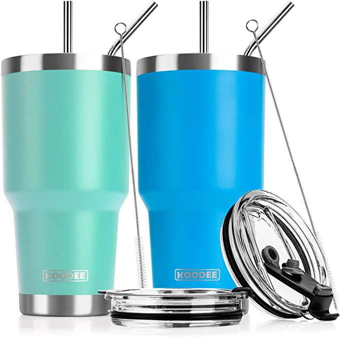Koodee 30 oz Stainless Steel Tumbler Insulated Coffee Travel Mug with 4 Straws, 2 Straw Lids, 2 Straw Brushes (30 oz, Teal and Sky Blue)