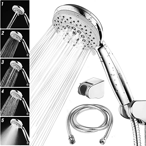 HOKEKI Shower Head Universal Bath Shower Head with Hose Set, with Hose Holder Adjustion 5 Mode Function Water Saving Bathing for Adults Children Pets Home and Gym Use(Chrome)