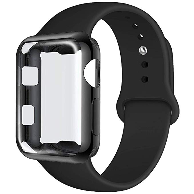 GBPOOT Compatible for Apple Watch Band 38mm 40mm 42mm 44mm, Soft Silicone Replacement Sport Wristband with Apple Watch Screen Protector Case Compatible for Apple Watch Iwatch Series 1/2/3/4