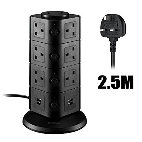 Extension Lead Vertical Power Strip with Surge Protector JZBRAIN 2.5M/8.2ft Power Extension Cord 14 Gang UK Outlet with 4 smart USB Ports Vertical Power Strip with Surge Protection and Overload Protection 3000W/13A (Black)