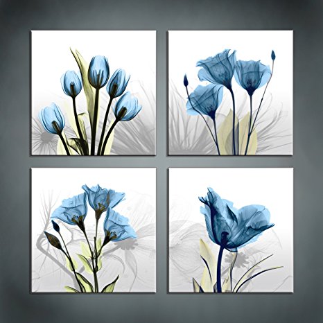 Moyedecor Art - 4 Panel Elegant Tulip Flower Canvas Print Wall Art Painting For Living Room Decor And Modern Home Decorations (Four 12X12in, Blue flower prints framed)