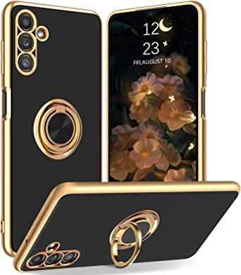 Samsung Galaxy A13 5G Case YINLAI Ring Holder Edge Plating Rotation Kickstand Soft Silicone TPU Bumper Slim Shockproof Protective Women Man Case Cover for Samsung Galaxy A13 5G 6.5 inch, Black/Gold