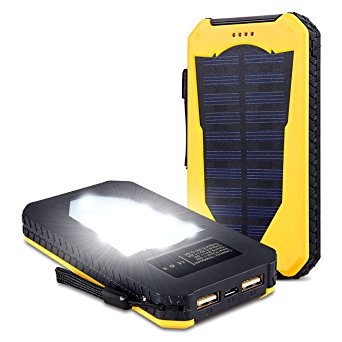 Foreverrise Solar Charger 15000mAh High Capacity Solar Panel Power Bank Portable Battery Pack Bright LED lights Dual USB Solar Battery Charger for Cell Phone,Tablet and othersUSB Devices(Yellow)
