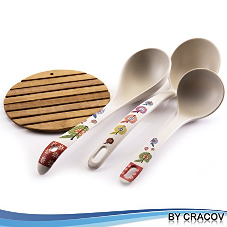 Premium Bamboo Kitchen Ladles, All Natural, Made From 100%, Naturally Fallen Bamboo, Earth Friendly, Great For Soups & Sauces, Perfect Addition To Your Kitchen Utensil Collection, Bamboo Pad Included