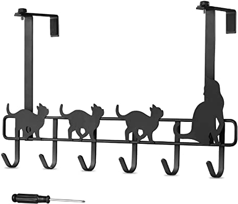 Over Door Hooks, LUXEAR Adjustable Over Door Hangers 6 Hooks Removable Lovely Cat Design for Coat, Towel, Bag Robe Easy Install Space Saving Bathroom Bedroom Over The Door Hooks Black Matte Paint Iron