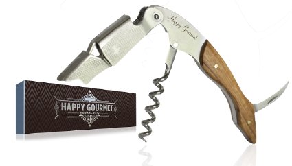Waiters Corkscrew by Happy Gourmet Kitchenware - All-in-one Wine Opener, Bottle Opener and Foil Cutter (Rose Wood)