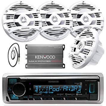 New Kenwood Marine Boat Yacht Bluetooth Digital USB AUX iPod iPhone AM/FM Radio Stereo Player With 4 X 6.5" Inch Kenwood Marine Audio Speakers Kenwood KAC-M1804 Compact 4-channel Marine Amplifier And Enrock Marine 45" Antenna - Complete Marine Outdoor Aud