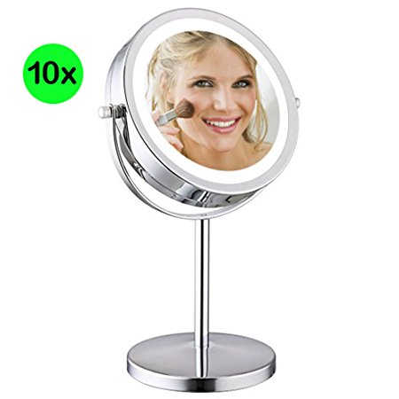 Best Vanity Makeup Mirror with LED lights by AMZNEVO - Night Lighted Cosmetic Mirror with 10X Magnification for Beauty, 7 inch Round Chrome Polished Finish, Double-Sided Panels / Travel