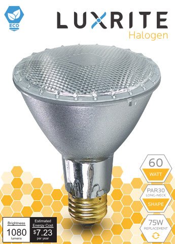 Luxrite LR20633 (6-Pack) PAR30 Eco Halogen Long Neck Light Bulb, 60 Watt (75w replacement) Dimmable, 40° Flood Beam Spread, 2900K, 1080 Lumens E26 Base, For Indoor/outdoor use.