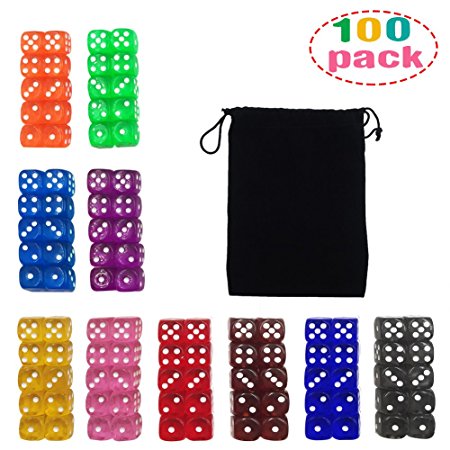 6 Sided Dice - 16mm D6 Translucent Acrylic 10 COLORS Dice with Big Drawstring Bag for Game Tenzi Farkle Yahtzee Bunco or Teaching Math