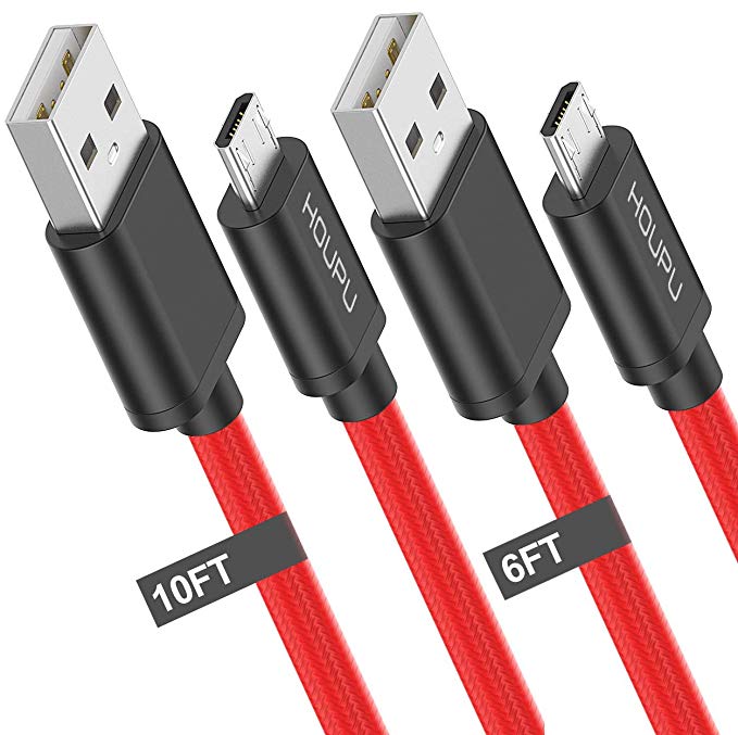 HOUPU [2-Pack 6ft 10ft] Micro USB Cable Nylon Braided, Fast Charger & Sync Data Cord for Android, Kindle Fire, Samsung Galaxy S7 S6 Edge, Note 5/4/ 2, LG G4, HTC, Nokia, Sony, Motorola G5 - Red