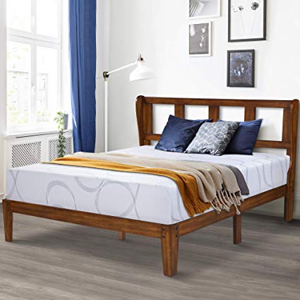 Ecos Living 14 Inch High Rustic Solid Wood Platform Bed Frame with Headboard/No Box Spring/No Squeak (Light Brown, King)