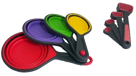 Collapsible Silicone Measuring Cups & Red Measuring Spoons Set by KookNook, 8 Piece Set