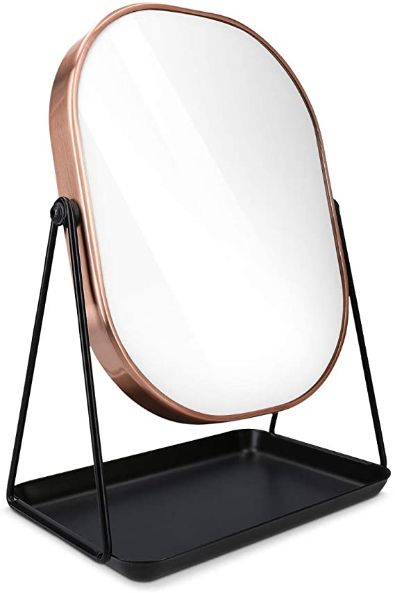 Navaris Free Standing Makeup Mirror - Large Cosmetic Vanity Mirror for Bathroom, Dressing Room, Bedroom Table or Desk with Large Tray Stand - Copper