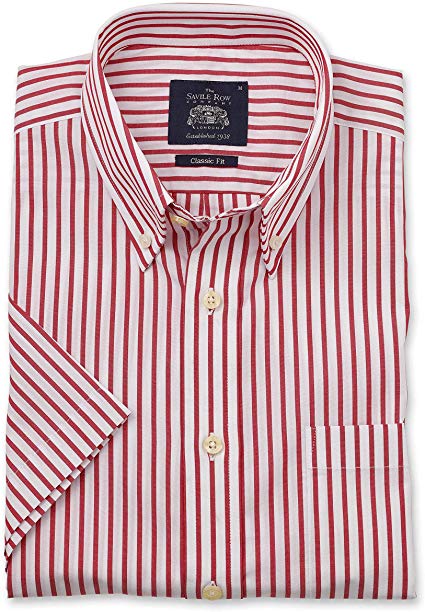 Savile Row Men's White Red Stripe Classic Fit Short Sleeve Button-Down Casual Shirt