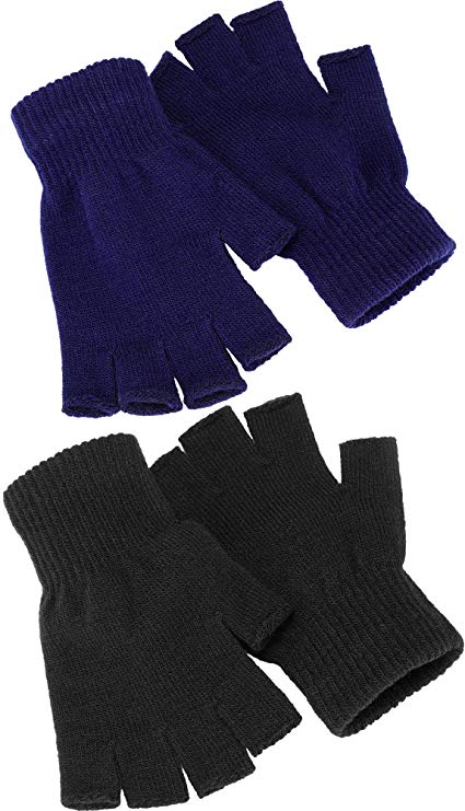 Satinior 2 Pair Unisex Half Finger Gloves Winter Stretchy Knit Fingerless Gloves in Common Size