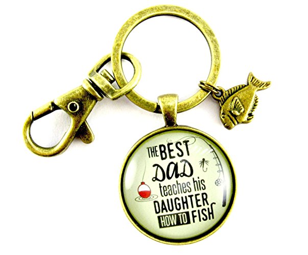 The Best Dad Teaches His Daughter How to Fish Key Chain To Dad From Daughter Vintage Nautical Bronze Style Keychain Fish Charm