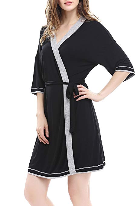 NORA TWIPS Women's Bathrobe Soft Kimono Cotton Knit Robe Piping Sleepwear XS-XL