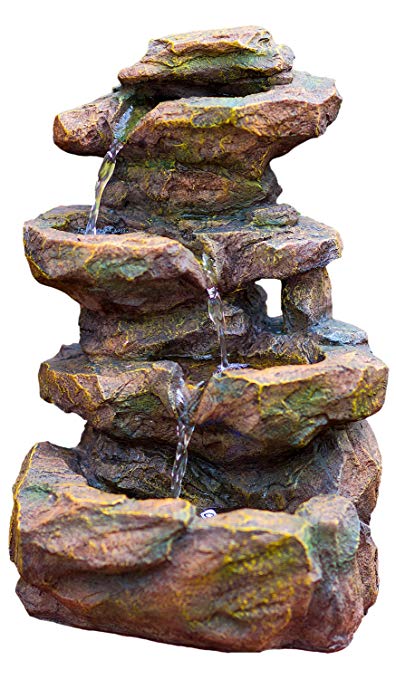 16" Emerald Pools 4-Tier Waterfall Rock Fountain w/LED Lights: Charming Outdoor Water Feature for Gardens & Patios. Adjustable Pump. HF-R21-16LT