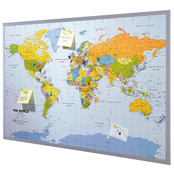 Pinboard World Map or Map of Europe 90 x 60 cm, Includes 12 Flag pins - World