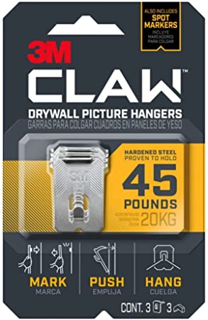 3m 3PH45M-3ES Claw Drywall Picture Hanger, Holds 45 Lbs, 3 Hooks And 3 Spot Markers, Stainless Steel